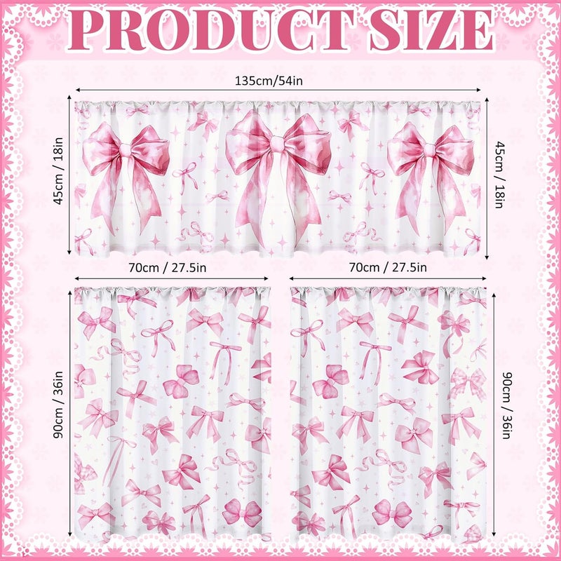 Breling 3 Pcs Pink Bow Kitchen Curtains Valances and Tiers Set for Windows Pink Bow Knot Coquette Decor Short Curtain Set for Bedroom Window Treatment Decor Wedding Party Favor Supplies - Image 3